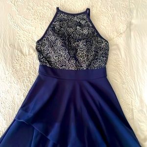 EUC Dress size 1. Navy blue with floral, beading design on top.